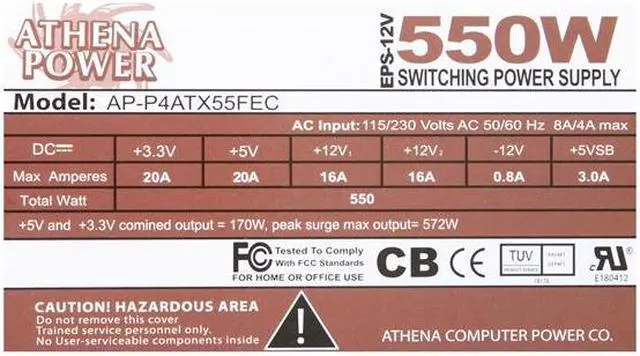 Alt view image 5 of 7 - Athena Power AP-P4ATX55FEC Continuous 550W @ 40°C EPS12V Ver. 2.91 SLI Ready CrossFire Ready Nickel Coating PS2 ATX v2.2/ EPS12V Power Supply - OEM