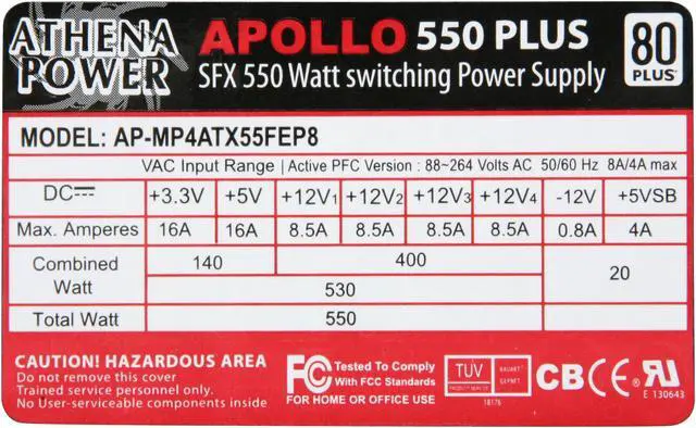 Alt view image 3 of 6 - Athena Power AP-MP4ATX55FEP8 550 W Micro ATX SLI Ready CrossFire Ready 80 PLUS Certified Active PFC Power Supply