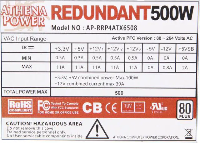 Alt view image 7 of 7 - Athena Power AP-RRP4ATX6508 80 PLUS Certified 20+4Pin 2 x 500W Mini Redundant Server Power Supply