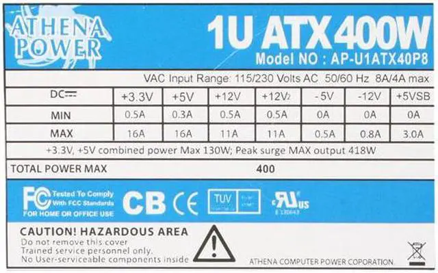 Alt view image 5 of 7 - Athena Power AP-U1ATX40P8 20+4Pin 400W Single 1U EPS 80 PLUS Server Power Supply