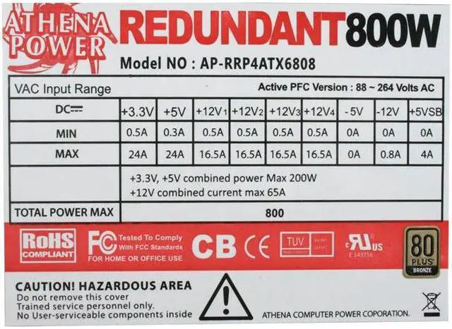 Alt view image 4 of 6 - Athena Power AP-RRP4ATX6808 20+4Pin 800W Redundant 80 PLUS Bronze Certified ATLAS 800 PLUS Server Power Supply with PM Bus