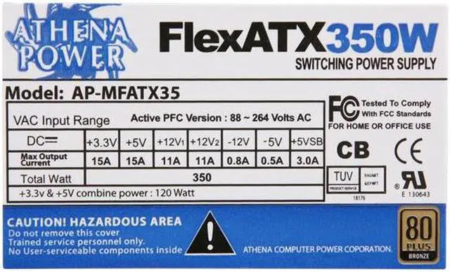 Alt view image 5 of 7 - Athena Power AP-MFATX35 350W Mini ITX / Micro FLEX ATX / ATX12V 80 PLUS BRONZE Certified Active PFC Power Supply for many HP Slimline System Upgrades/Replacement