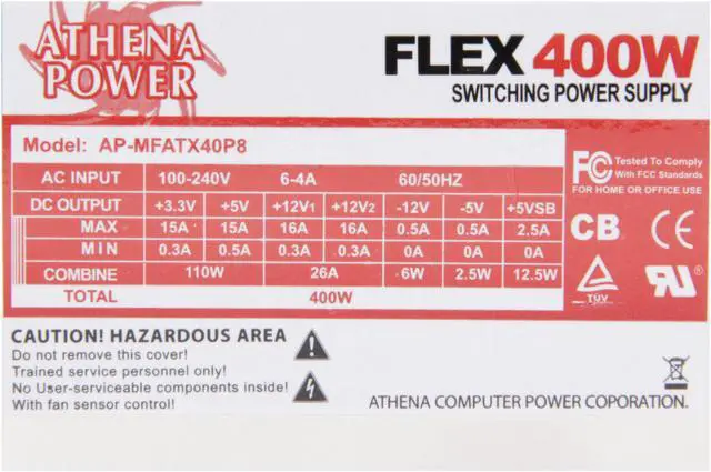 Alt view image 4 of 6 - Athena Power AP-MFATX40P8 20+4Pin 400W Single Server Power Supply 80+ Bronze Certified