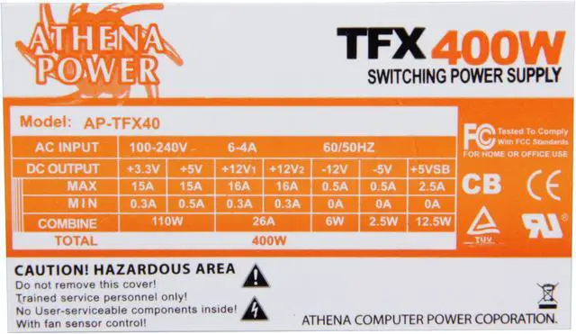 Alt view image 5 of 7 - Athena Power AP-TFX40 400 W TFX12V SLI Ready 80 PLUS BRONZE Certified Active PFC Power Supply