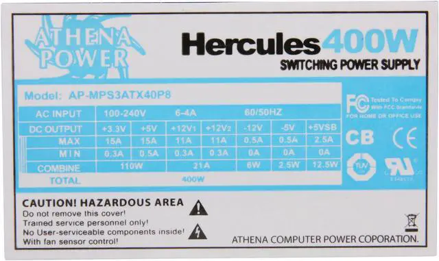 Alt view image 3 of 6 - Athena Power Hercules Series AP-MPS3ATX40P8 20+4Pin Single PS2/PS3 4"(D) EPS-12V 400W PFC 82+ Bronze Certified