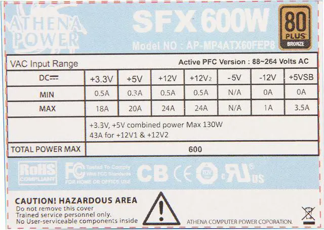 Alt view image 4 of 6 - Athena Power AP-MP4ATX60FEP8 600W MicroATX / SFX12V / EPS12V / ATX V2.2 SLI Ready CrossFire Ready 80 Plus Bronze Certified Power Supply - OEM