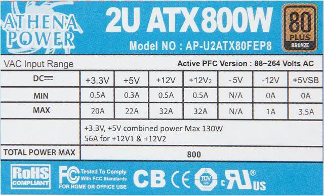 Alt view image 4 of 6 - Athena Power AP-U2ATX80FEP8 20+4Pin 800W Single 2U IPC Server Power Supply - 80PLUS Bronze