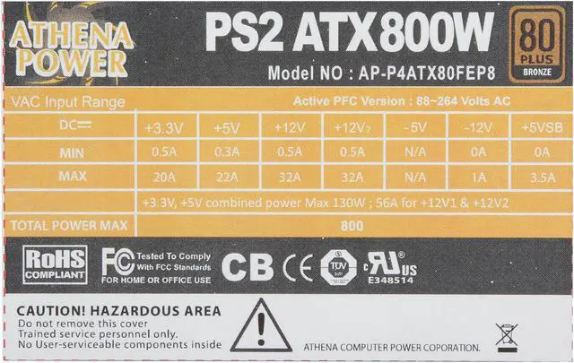 Alt view image 4 of 6 - Athena Power AP-P4ATX80FEP8 800W Power Supply SLI & Crossfire Ready ATX12V2.31 & EPS12V2.92 Active PFC & 80PLUS BRONZE Certified