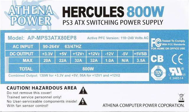 Alt view image 4 of 6 - Athena Power AP-MPS3ATX80EP8 800W MicroPS3 (118mm Length)/PS2 Single EPS12V/ATX12V IPC Server Power Supply - 80PLUS Bronze - ActivePFC - OEM