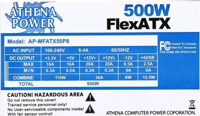 Alt view image 4 of 6 - Athena Power AP-MFATX50P8 500W FlexATX Single Standard Length (150mm) EPS12V/ATX12V mini-ITX/1U IPC/GPU Server Power Supply - 80PLUS Silver Certified - ActivePFC - OEM