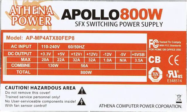 Alt view image 5 of 6 - Athena Power Apollo Series AP-MP4ATX80FEP8 800 W Micro SFX Power Supply