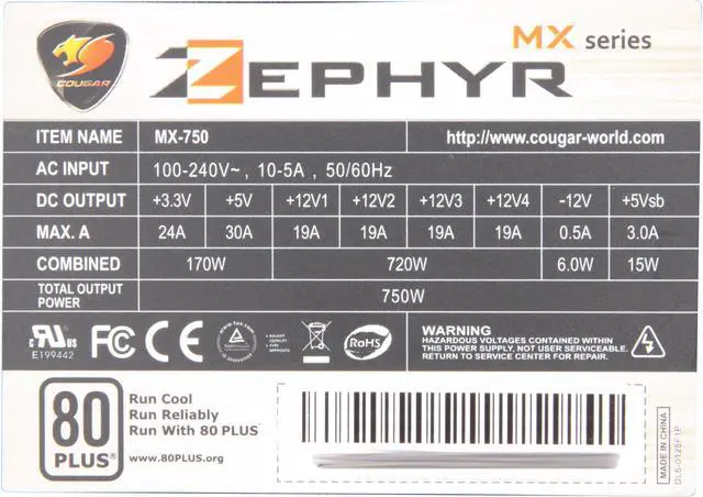 Alt view image 5 of 7 - hec Zephyr MX 750 750W Peak Output ATX12V V2.3 / EPS12V V2.91 SLI Ready CrossFire Ready 80 PLUS Certified Active PFC Power Supply