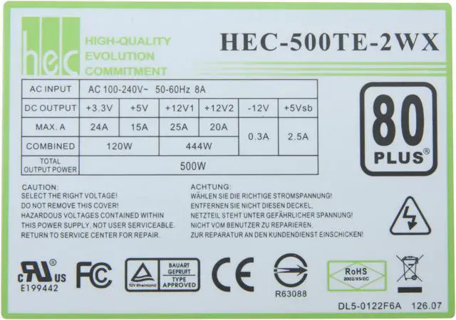 Alt view image 5 of 7 - hec HEC500TEWX 500 W ATX12V Ver2.2 80 PLUS Certified Active PFC Power Supply - OEM