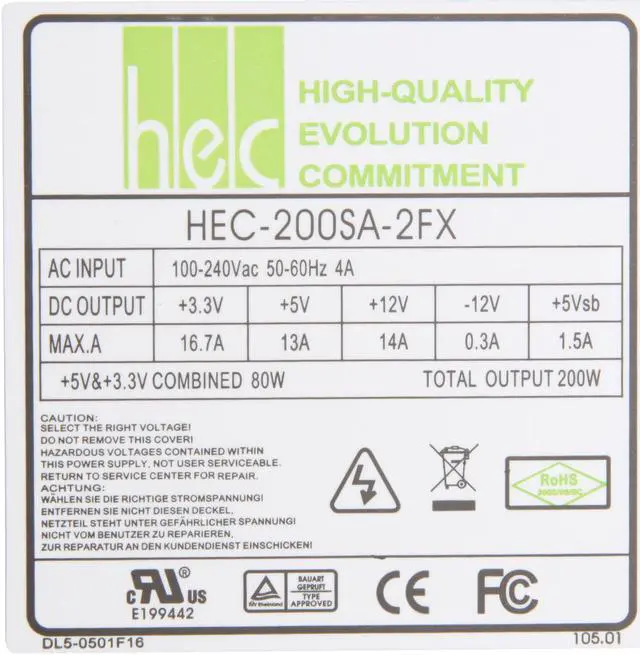 Alt view image 4 of 5 - hec HEC200SA2FX 200 W Mini ITX Active PFC Power Supply - OEM
