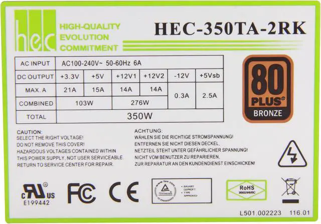 Alt view image 4 of 6 - hec HEC350TA 350 W ATX12V 80 PLUS BRONZE Certified Power Supply