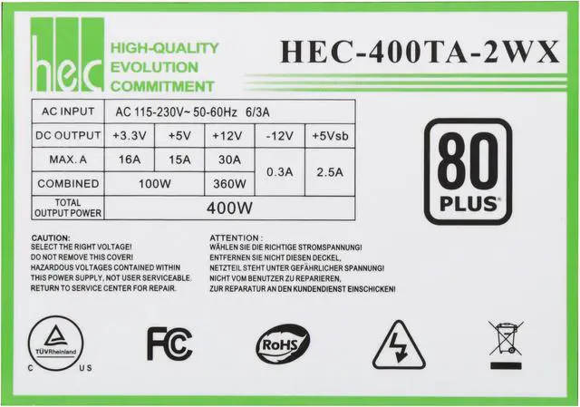 Alt view image 6 of 7 - hec HEC400TA2WX 400 W ATX12V / EPS12V 80 PLUS Certified Power Supply