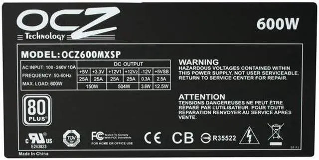 Alt view image 5 of 7 - PC Power & Cooling ModXStream Pro Series 600 Watt 80+ Semi-Modular Active PFC Performance Grade ATX PC Power Supply (OCZ600MXSP)