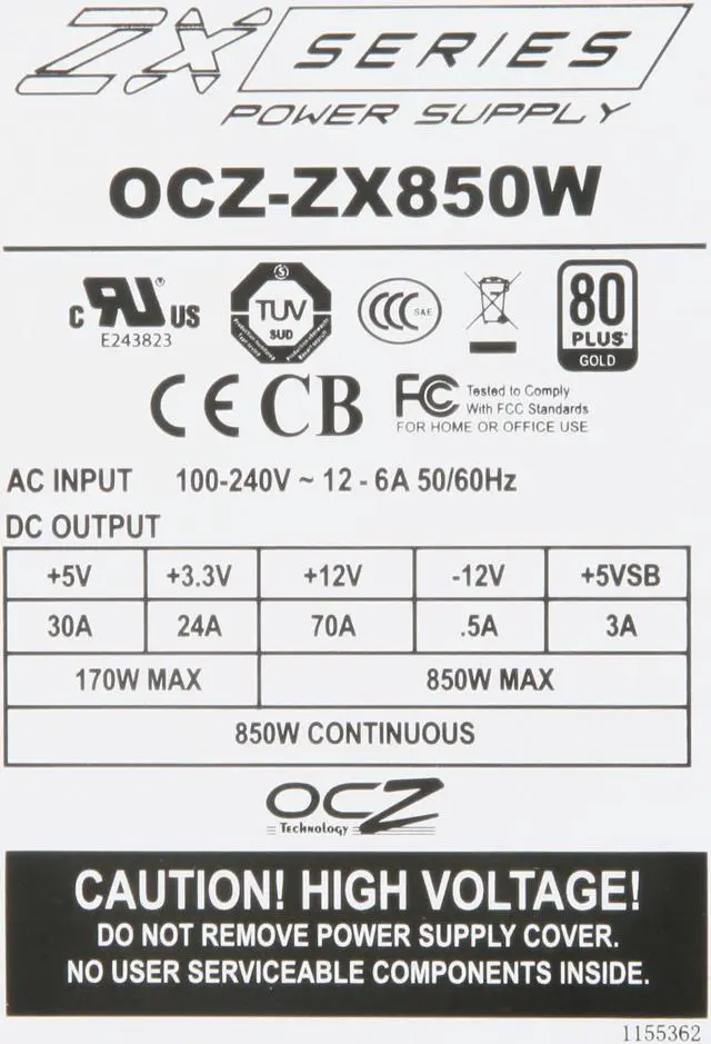 Alt view image 5 of 7 - PC Power & Cooling ZX Series 850 Watt  80+ Gold Fully-Modular Active PFC Performance Grade ATX PC Power Supply  (OCZ-ZX850W)