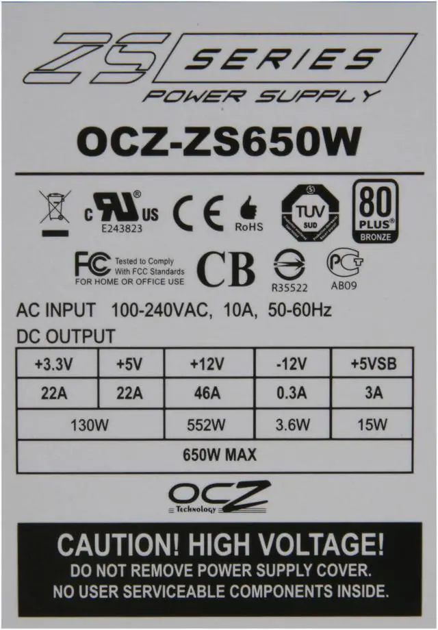 Alt view image 5 of 7 - OCZ ZS Series 650W 80PLUS Bronze High Performance Power Supply compatible with Intel Sandy Bridge Core i3 i5 i7 and AMD Phenom