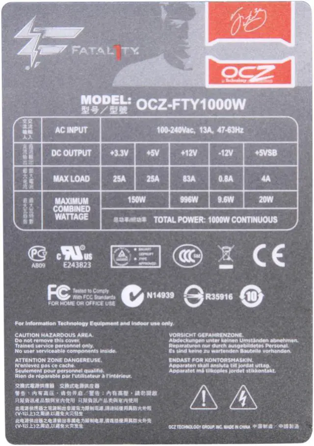 Alt view image 4 of 7 - PC Power & Cooling Fatal1ty Gaming Series 1000 Watt 80+ Gold Semi-Modular Active PFC Performance Grade ATX PC Power Supply (OCZ-FTY1000W)
