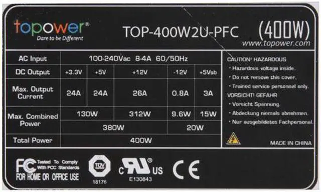 Alt view image 3 of 8 - TOPOWER TOP-400W2U-PFC 20+4Pin 400W Single Server Power Supply