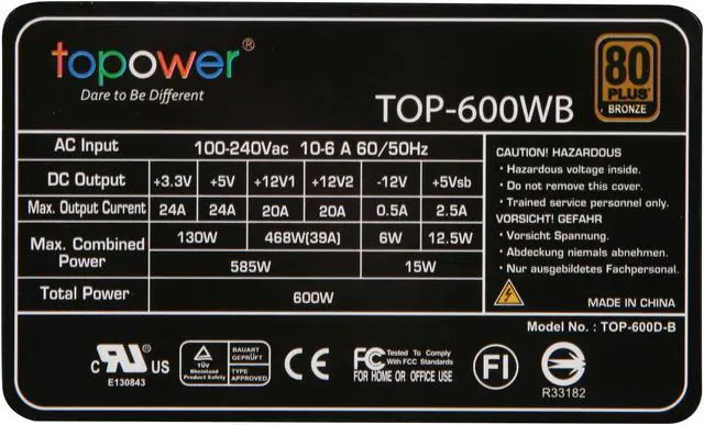 Alt view image 5 of 7 - TOPOWER TOP-600WB 600 W ATX12V v2.3 SLI Ready CrossFire Ready 80 PLUS BRONZE Certified Active PFC Power Supply