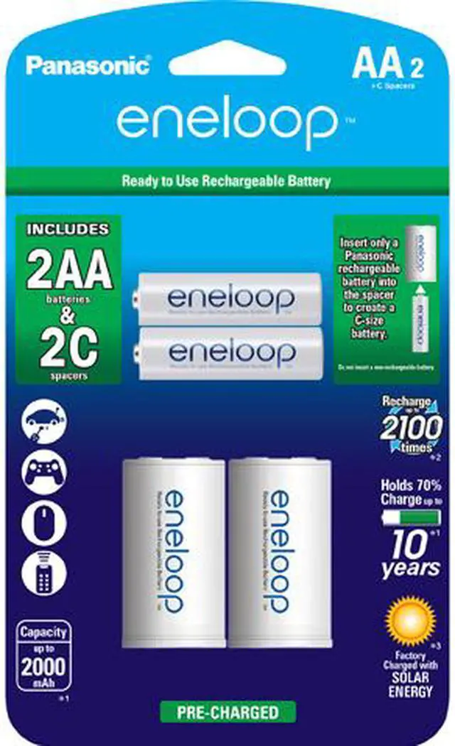 Main image of Panasonic Eneloop 2 Pack AA 2000mAh 2100 Cycle Ni-MH Pre-Charged Rechargeable Batteries with 2 Pack C size Spacers