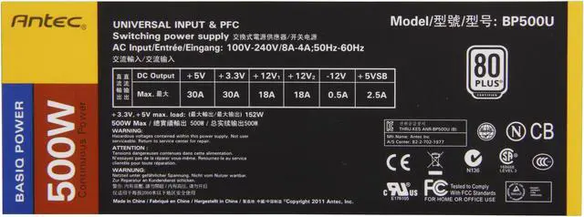 Alt view image 3 of 7 - Antec Basiq BP500U 500W Continuous Power ATX12V Version 2.01 Active PFC Power Supply - Intel Haswell Fully Compatible