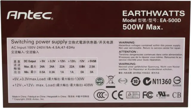 Alt view image 4 of 6 - Antec earthwatts EA500 500W Continuous Power ATX12V v2.2 80 PLUS Certified  Active PFC "Compatible with Core i7/Core i5" Power Supply