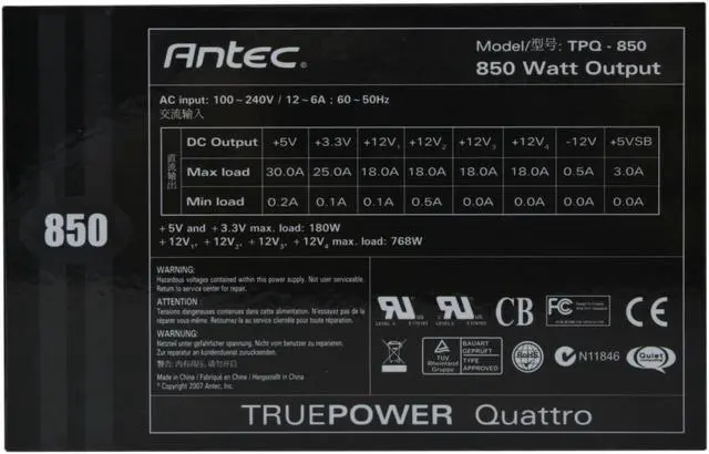 Alt view image 3 of 9 - Antec TPQ-850 850W Continuous Power ATX12V / EPS12V SLI Certified CrossFire Ready 80 PLUS BRONZE Certified Modular Active PFC "compatible with Core i7/Core i5" Power Supply