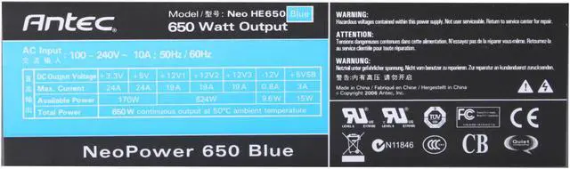 Alt view image 4 of 9 - Antec NeoPower 650 Blue 650 W ATX12V / EPS12V SLI Certified CrossFire Ready Modular Active PFC Power Supply