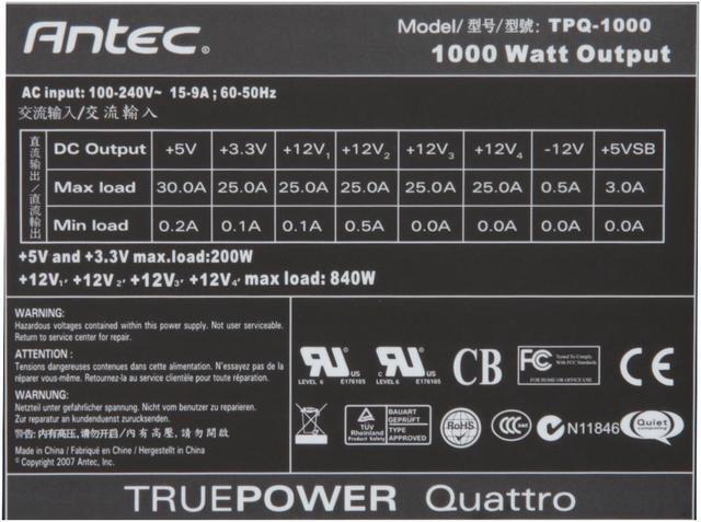 Alt view image 8 of 9 - Antec TruePower Quattro TPQ-1000 1000W Continuous Power ATX12V / EPS12V SLI Certified CrossFire Ready 80 PLUS BRONZE Certified Modular Active PFC "compatible with Core i7/Core i5" Power Supply