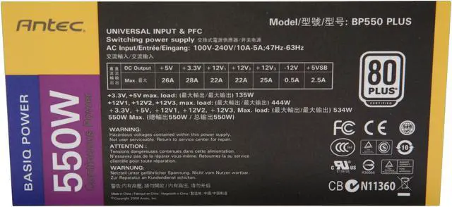 Alt view image 6 of 7 - Antec BP550 Plus 550W Continuous Power ATX12V V2.2 80 PLUS Certified Modular Active PFC Power Supply - Intel Haswell Fully Compatible