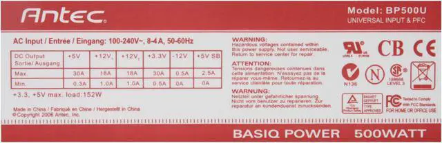 Alt view image 4 of 8 - Antec Basiq BP500UB 500 W ATX12V Version 2.01 Active PFC Power Supply - OEM