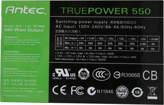 Alt view image 4 of 10 - Antec TruePower New TP-550 550W Continuous Power ATX12V V2.3 / EPS12V V2.91 SLI Certified CrossFire Ready 80 PLUS BRONZE Certified Active PFC "compatible with Core i7/Core i5" Power Supply