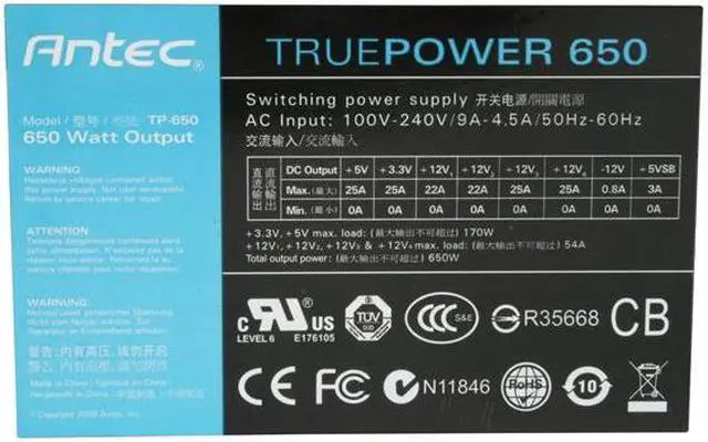 Alt view image 5 of 8 - Antec TruePower New TP-650 650W Continuous Power ATX12V V2.3 / EPS12V V2.91 SLI Certified CrossFire Ready 80 PLUS BRONZE Certified Active PFC "compatible with Core i7/Core i5" Power Supply
