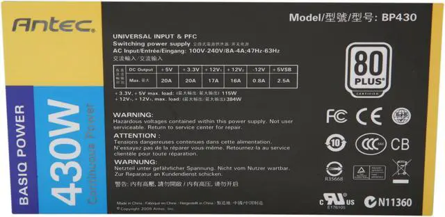 Alt view image 4 of 6 - Antec Basiq BP430 430W Continuous Power ATX12V Version 2.2 80 PLUS Certified Active PFC Power Supply - Intel Haswell Fully Compatible