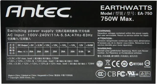 Alt view image 4 of 8 - Antec EarthWatts EA750 750W Continuous Power ATX12V version 2.3 SLI Certified CrossFire Ready 80 PLUS Certified Active PFC "compatible with Core i7/Core i5" Power Supply