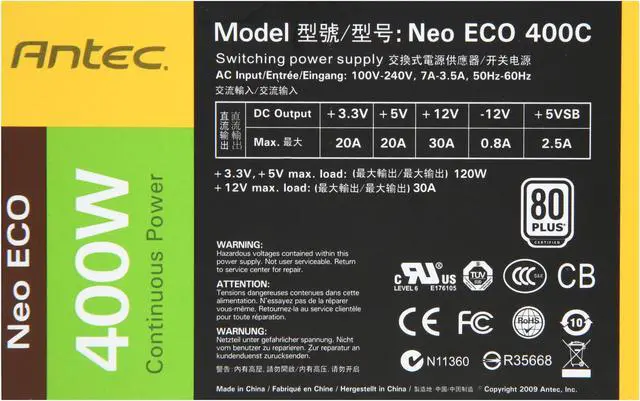 Alt view image 5 of 7 - Antec NEO ECO 400C 400W Continuous Power ATX12V 2.3 / EPS12V 80 PLUS Certified Active PFC Power Supply