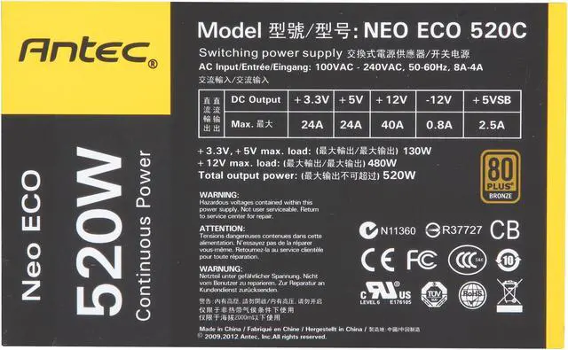 Alt view image 5 of 7 - Antec NeoECO C NeoECO 520C 520W ATX12V 80 PLUS BRONZE Certified Active PFC Power Supply