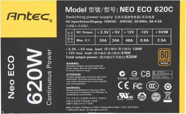 Alt view image 5 of 7 - Antec NeoECO C NeoECO 620C 620W ATX12V 80 PLUS BRONZE Certified Active PFC Power Supply