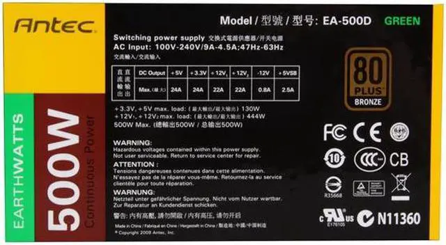 Alt view image 4 of 6 - Antec EarthWatts EA-500D Green 500 W ATX12V v2.3 / EPS12V 80 PLUS BRONZE Certified Active PFC Power Supply