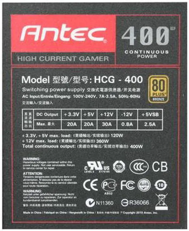 Alt view image 5 of 7 - Antec High Current Gamer Series HCG-400 400 W ATX12V v2.3 / EPS12V v2.91 80 PLUS BRONZE Certified Active PFC Power Supply
