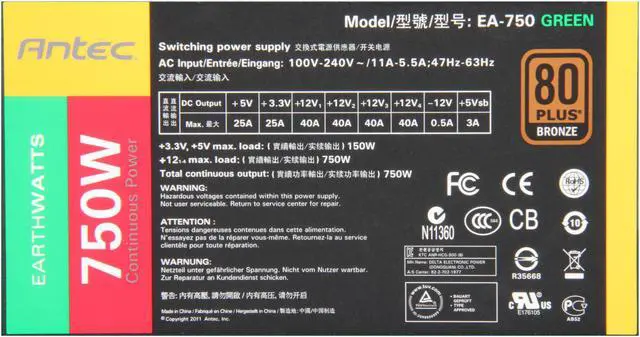 Alt view image 5 of 7 - Antec EarthWatts Series EA-750 Green 750 W ATX12V v2.3 SLI Certified CrossFire Certified 80 PLUS BRONZE Certified Active PFC Continuous Power Supply