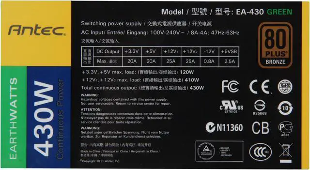 Alt view image 5 of 7 - Antec EA-430 Green 430 W ATX12V / EPS12V 80 PLUS BRONZE Certified Active PFC Power Supply