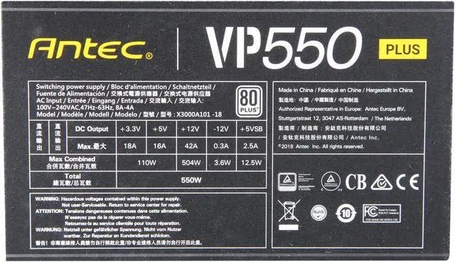 Alt view image 7 of 8 - Antec Value Power Series VP550 Plus, 550W Non-Modular, 80 PLUS Certified, Thermal Manager, CircuitShield Protection, 120mm Silent Fan with 3-Year Warranty