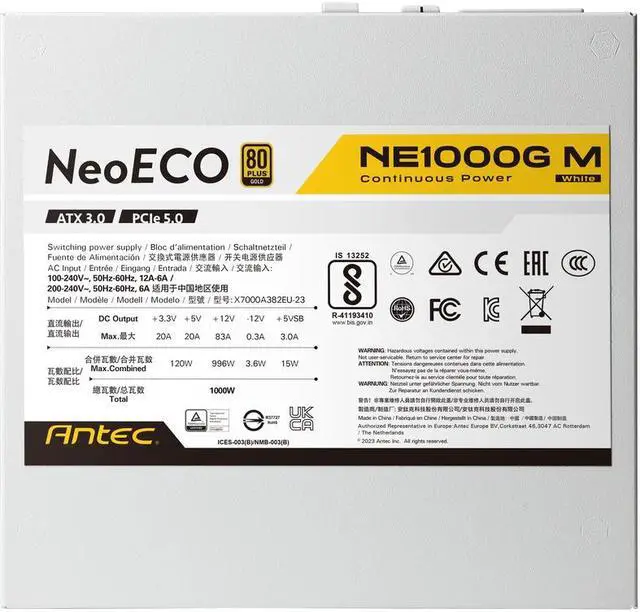 Alt view image 5 of 11 - Antec NeoECO Series NE1000G M White ATX 3.0 1000 W ATX (ATX 3.0 Compatible) 80 PLUS GOLD Certified Full Modular Active PFC Power Supply