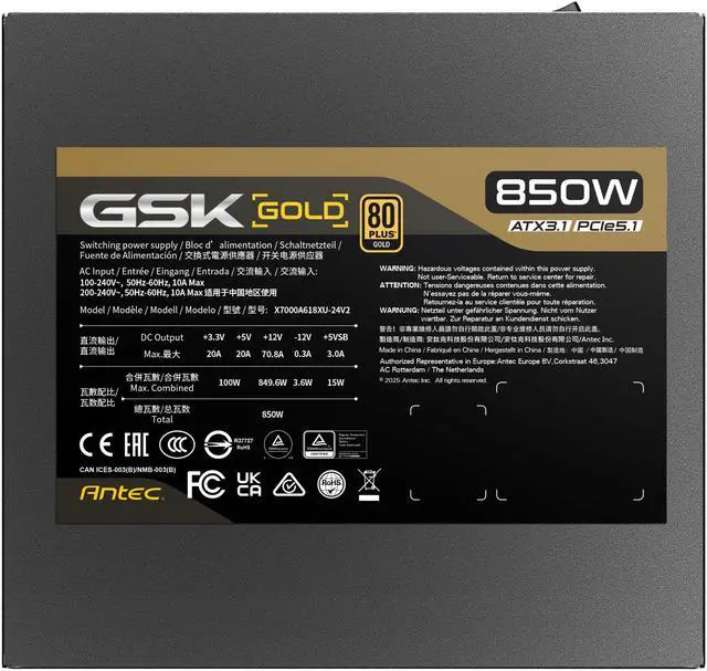 Alt view image 10 of 11 - ANTEC GSK850 V2 ATX3.1, 750W Full Modular PSU, 80 PLUS Gold Certified, PCIE 5.1 Support, PhaseWave Design, Zero RPM Manager, 120mm Silent Fan, 10-Year Warranty, High-Quality Braided Cable