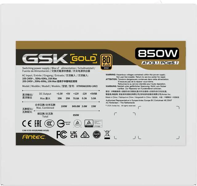 Alt view image 11 of 11 - ANTEC GSK850 V2 White ATX3.1, 750W Full Modular PSU, 80 PLUS Gold Certified, PCIE 5.1 Support, PhaseWave Design, Zero RPM Manager, 120mm Silent Fan, 10-Year Warranty, High-Quality Braided Cable