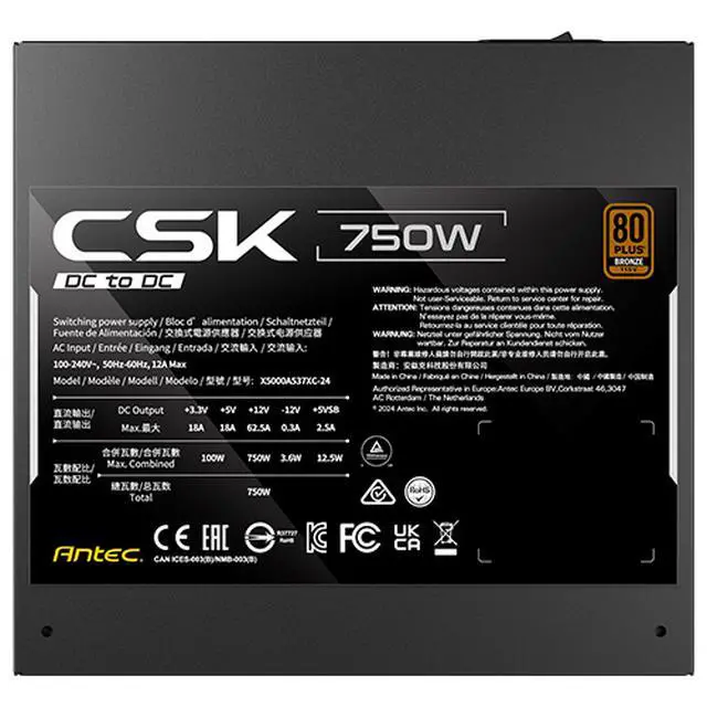 Alt view image 7 of 11 - Antec CSK750DC 750 W ATX12V 80 PLUS BRONZE Certified Non-Modular Active PFC Power Supply